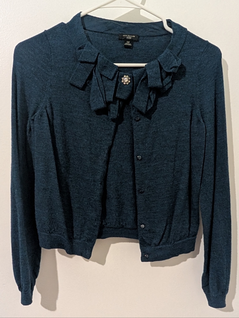Ann Taylor Petite Blue Merino Wool Cardigan Sweater Bow Jewel Accent - SP - Blue